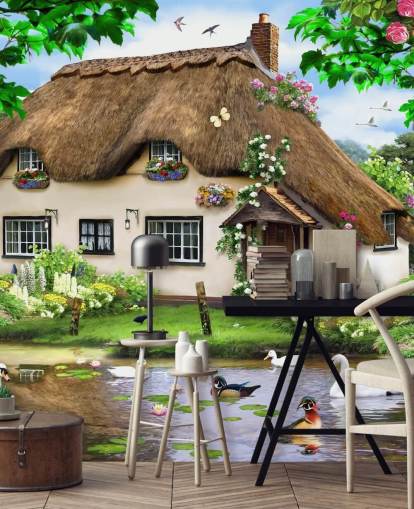 brown thatched roof cottage in countryside wallpaper