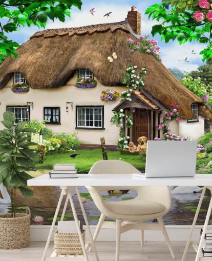 brown thatched roof cottage in countryside wallpaper