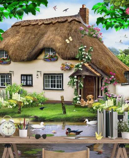 brown thatched roof cottage in countryside wallpaper
