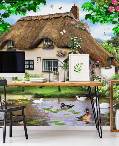 brunt stråtækt sommerhus i landligt tapet