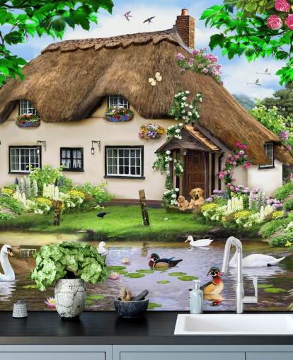 brown thatched roof cottage in countryside wallpaper