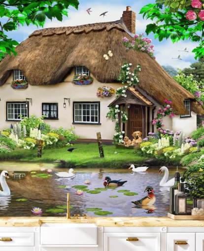 brown thatched roof cottage in countryside wallpaper