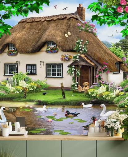 brown thatched roof cottage in countryside wallpaper