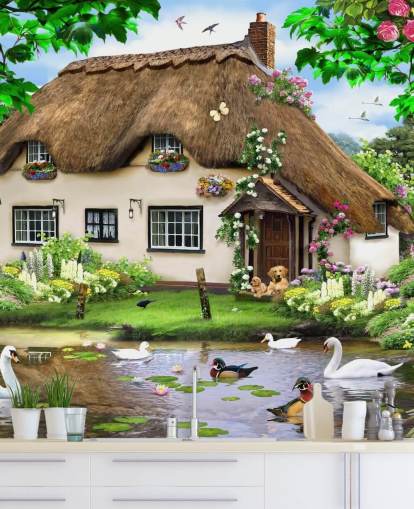 brown thatched roof cottage in countryside wallpaper