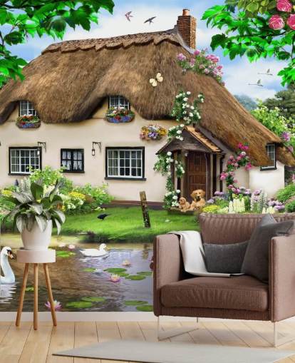 brown thatched roof cottage in countryside wallpaper