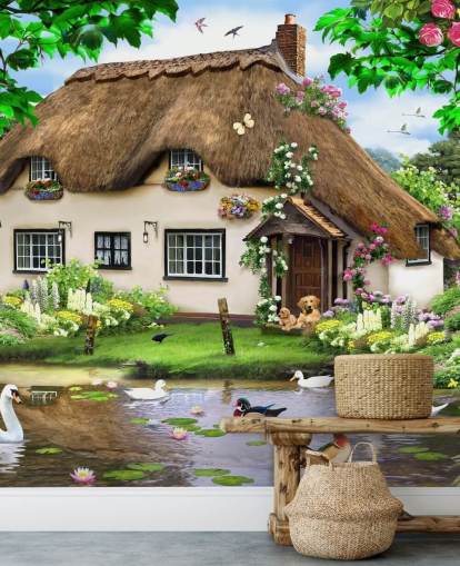 brown thatched roof cottage in countryside wallpaper