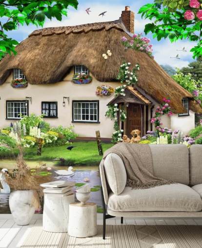 brown thatched roof cottage in countryside wallpaper