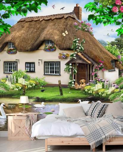 chalet au toit de chaume brun en papier peint de campagne