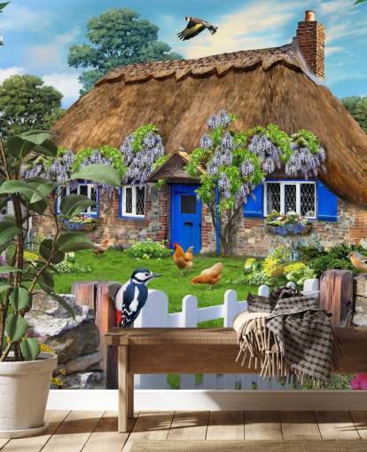 steenachtig huisje omgeven door natuurbehang