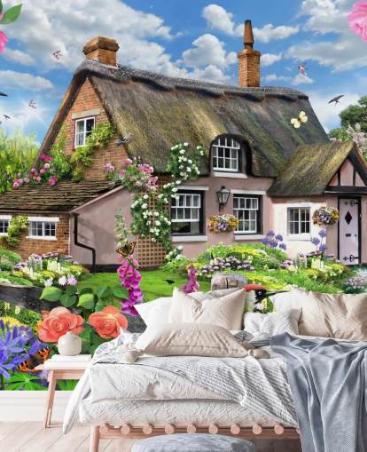 pink cottage with lovely garden wallpaper