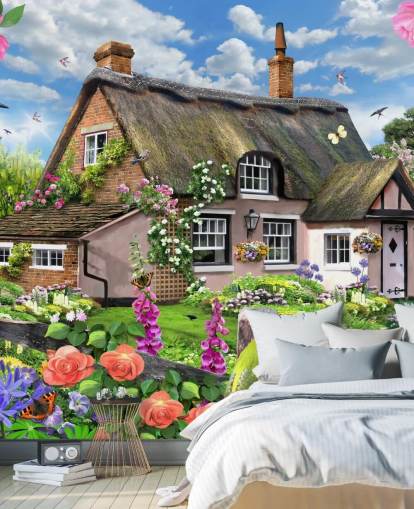 cottage rose avec joli papier peint de jardin