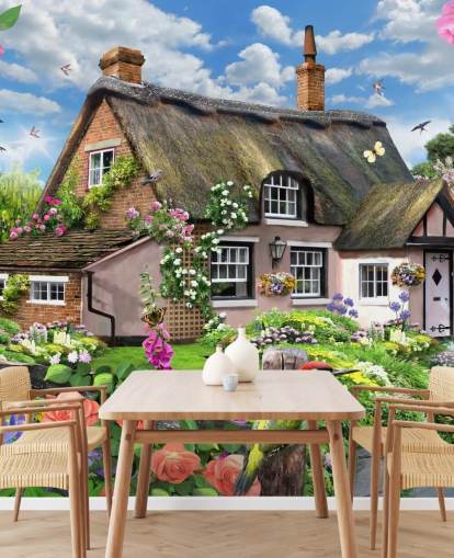 pink cottage with lovely garden wallpaper
