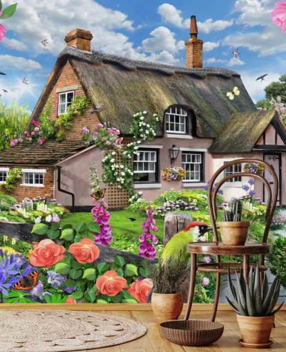 pink cottage with lovely garden wallpaper