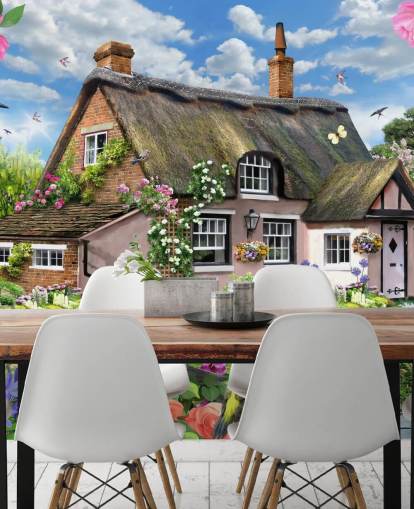 pink cottage with lovely garden wallpaper