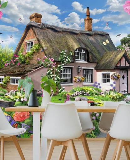 casa de campo rosa con precioso fondo de pantalla de jardín