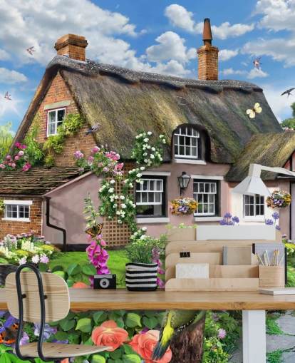 casa de campo rosa con precioso fondo de pantalla de jardín