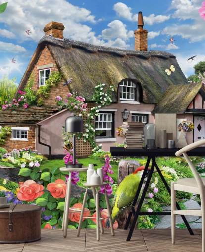 pink cottage with lovely garden wallpaper