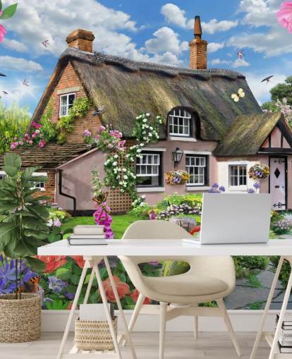 casa de campo rosa con precioso fondo de pantalla de jardín