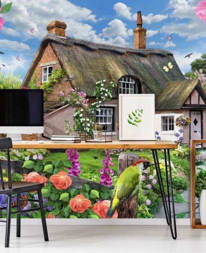 pink cottage with lovely garden wallpaper