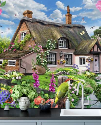 rosa stuga med härlig trädgård tapet