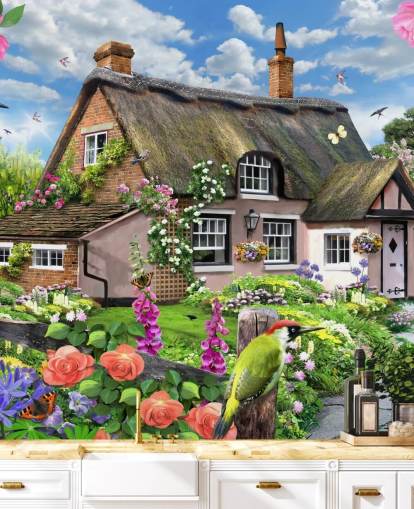 pink cottage with lovely garden wallpaper