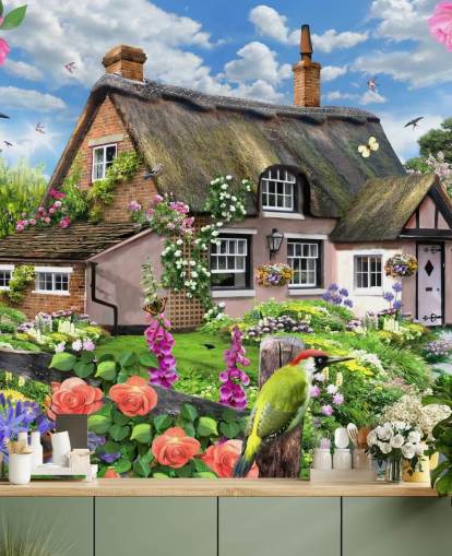 pink cottage with lovely garden wallpaper