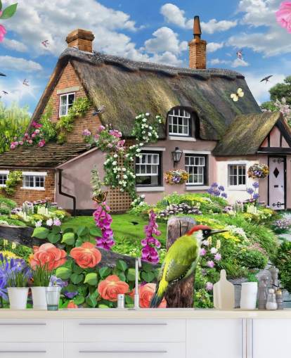 pink cottage with lovely garden wallpaper