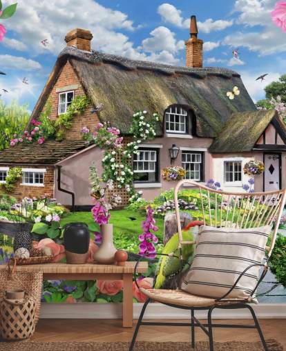 pink cottage with lovely garden wallpaper