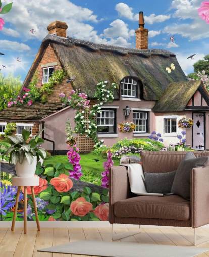pink cottage with lovely garden wallpaper