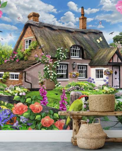 pink cottage with lovely garden wallpaper