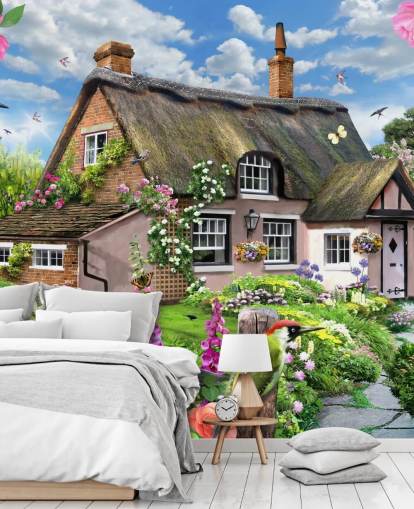 pink cottage with lovely garden wallpaper