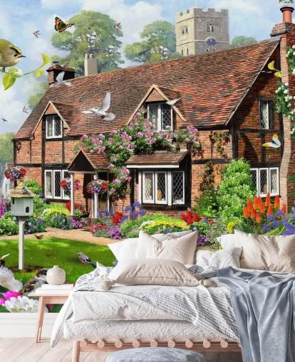 red brick cottage surrounded by garden wallpaper