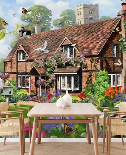 red brick cottage surrounded by garden wallpaper