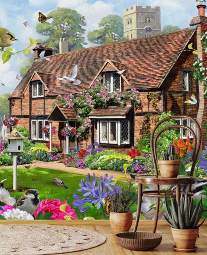 red brick cottage surrounded by garden wallpaper