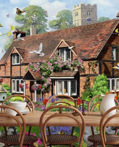 cabaña de ladrillo rojo rodeada de papel tapiz de jardín