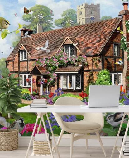red brick cottage surrounded by garden wallpaper
