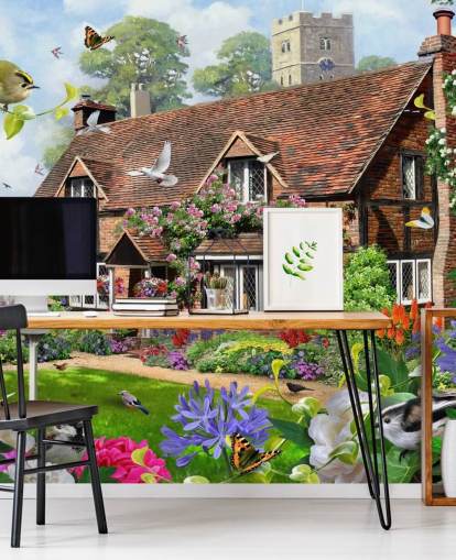 maison de briques rouges entourée de papier peint jardin