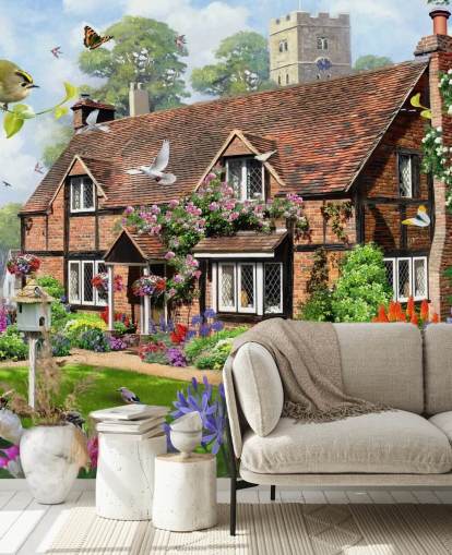 red brick cottage surrounded by garden wallpaper