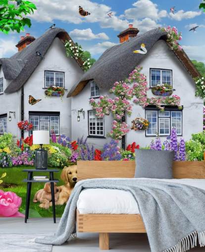 thatched white cottage wallpaper