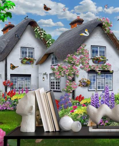 thatched white cottage wallpaper