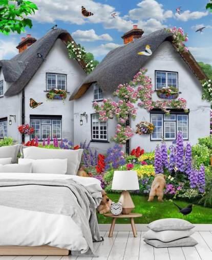 thatched white cottage wallpaper