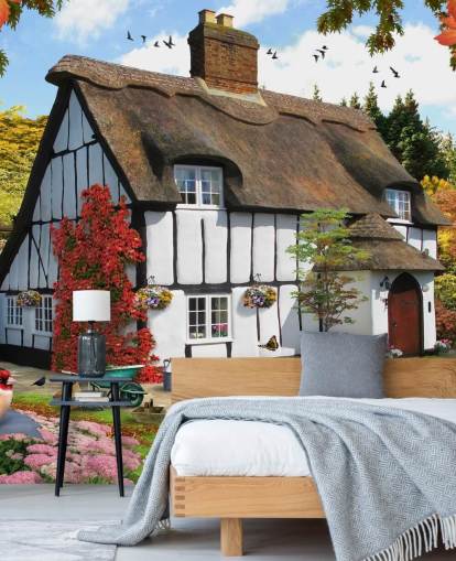 zwart-wit cottage-behang met rieten dak