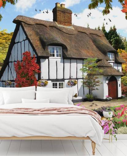black and white thatched cottage wallpaper