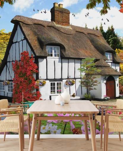 black and white thatched cottage wallpaper