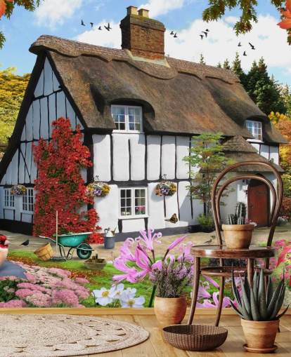 black and white thatched cottage wallpaper