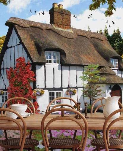 black and white thatched cottage wallpaper