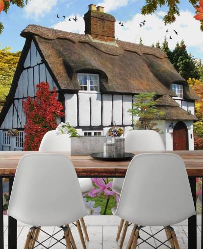 black and white thatched cottage wallpaper