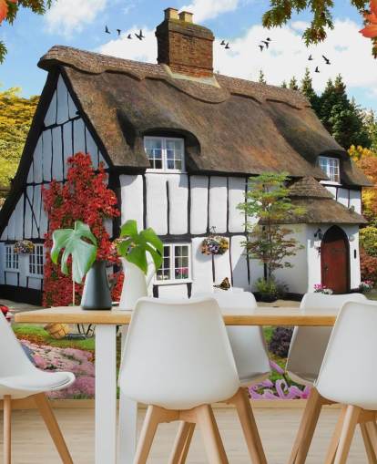 black and white thatched cottage wallpaper