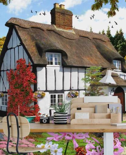 black and white thatched cottage wallpaper