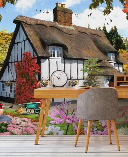 black and white thatched cottage wallpaper